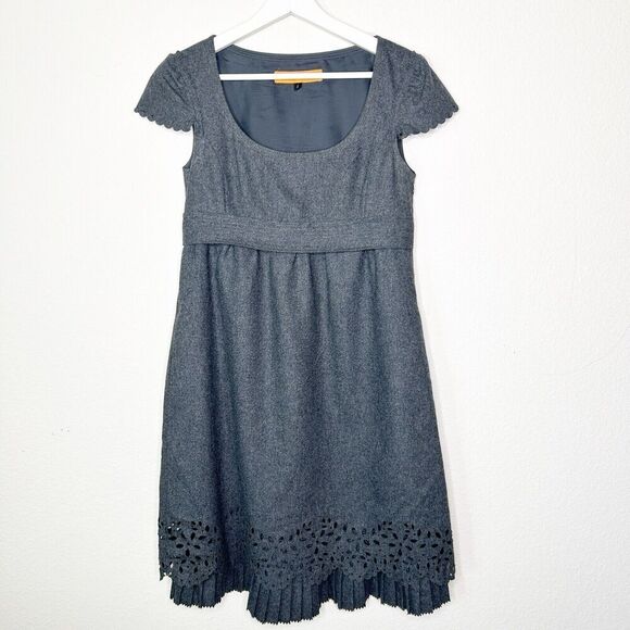 Cynthia Steffe Laser Cut Layered Ruffle Pleated Hem Pocketed Gray Wool Dress 2 - Picture 2 of 14